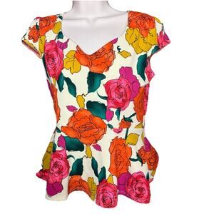 Love J Bright Floral Fit & Flare Short Sleeve Top ~ Large ~ EUC